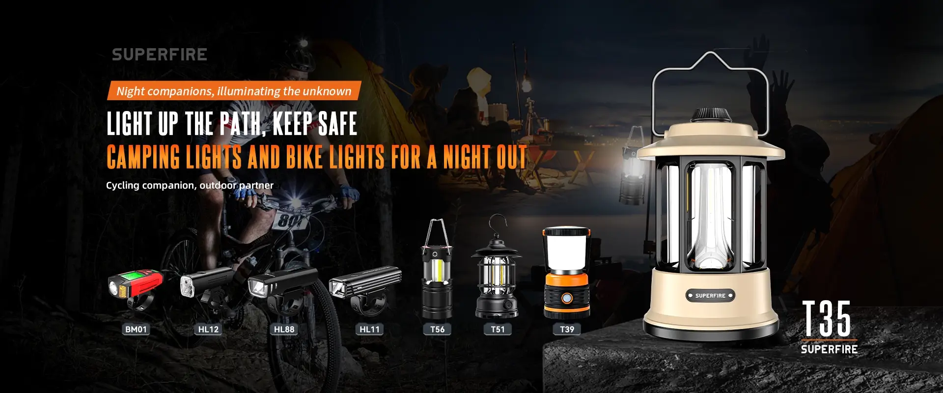 Luzes de acampamento e luzes de bicicleta