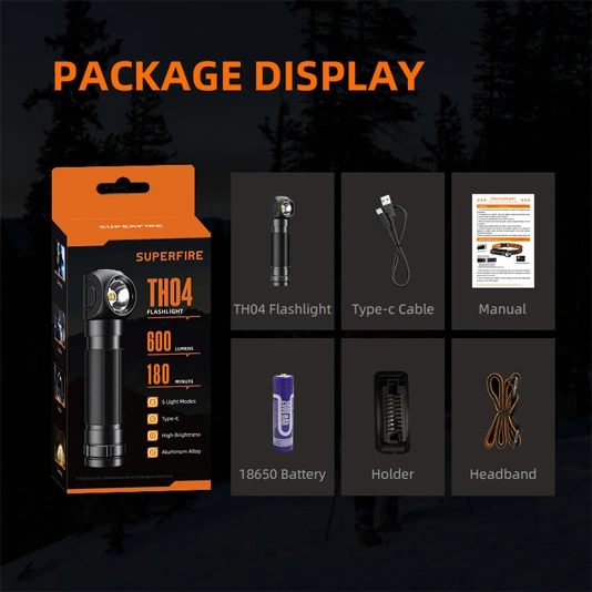 SUPERFIRE TH04 18650 Farol Lanterna Recarregável de Ângulo Direito 90 Graus