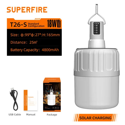 SUPERFIRE T26-S Solar Recarregável Luz Lanterna de Acampamento LED