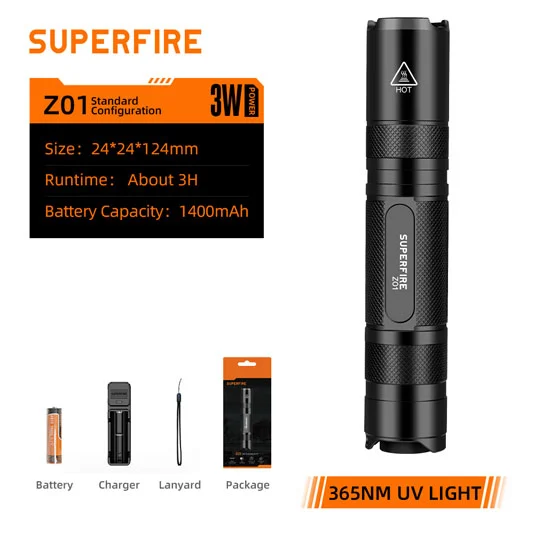 SUPERFIRE Z01 Recarregável 365nm Tocha UV