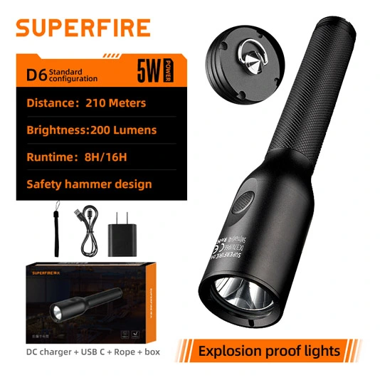 SUPERFIRE nova lanterna LED D6 à prova de explosão