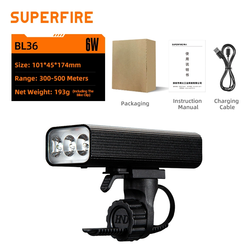 Farol de bicicleta BL36: 500 lúmens, feixe de 300-500m, USB recarregável, IP65 à prova d'água